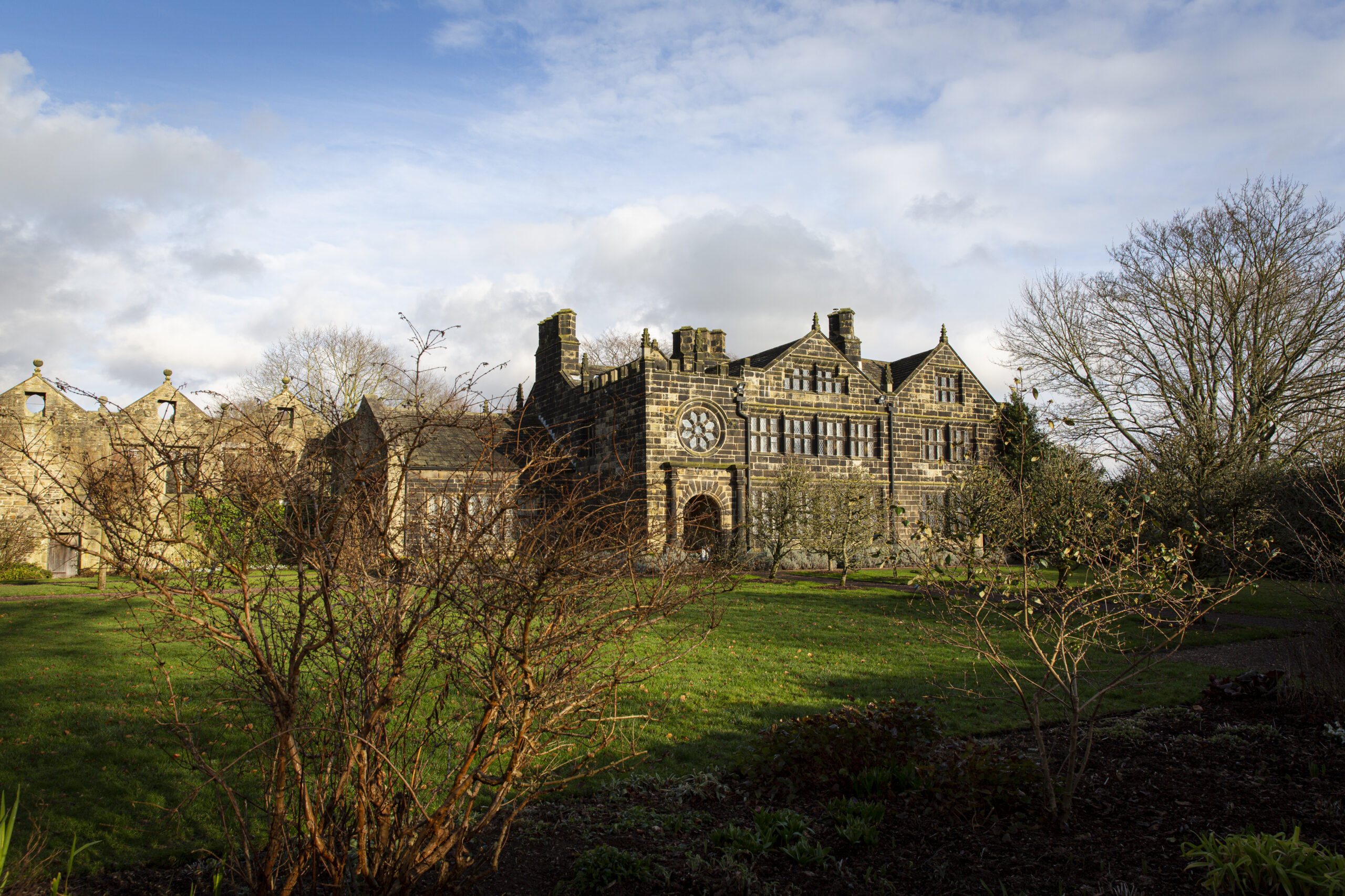 The exterior of the 17th-century manor house at East Riddlesden Hall, West Yorkshire