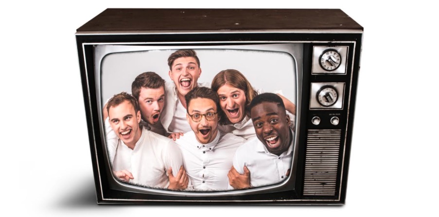 6 men inside a television box